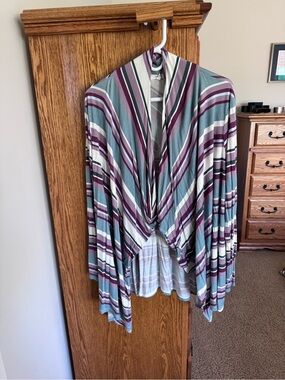 Maurices Striped Open-Front Cardigan in Teal, Plum & Cream